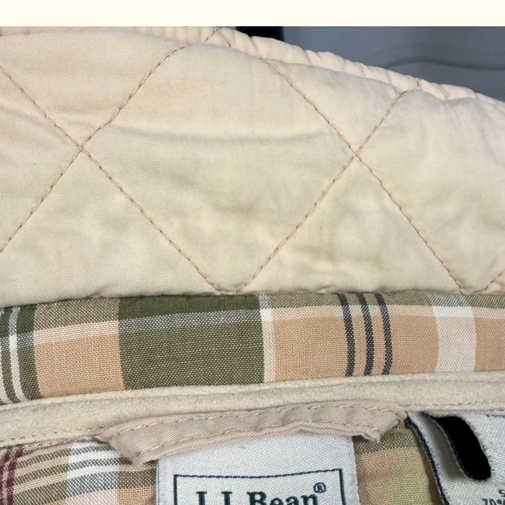 L.L. Bean Women XL Beige Quilted Jacket Plaid Lined Barn Coat Diamond Thermore